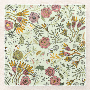 Whimsical Wildflower Garden & Bumblebee Pattern Glass Coaster