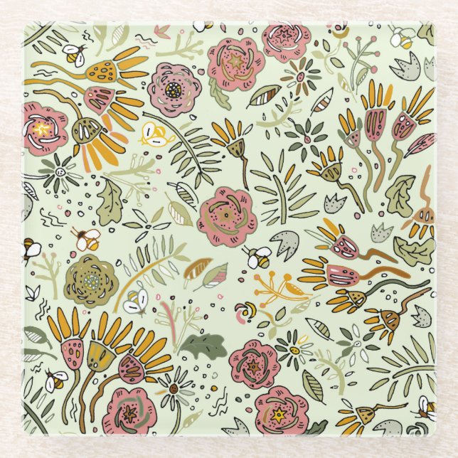 Whimsical Wildflower Garden & Bumblebee Pattern Glass Coaster (Front)