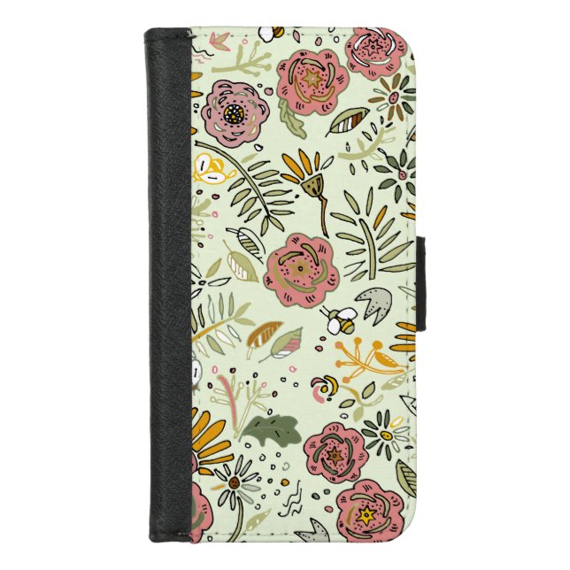 Whimsical Wildflower Garden & Bumblebee Pattern iPhone Wallet Case (Front)