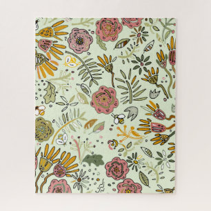 Whimsical Wildflower Garden & Bumblebee Pattern Jigsaw Puzzle