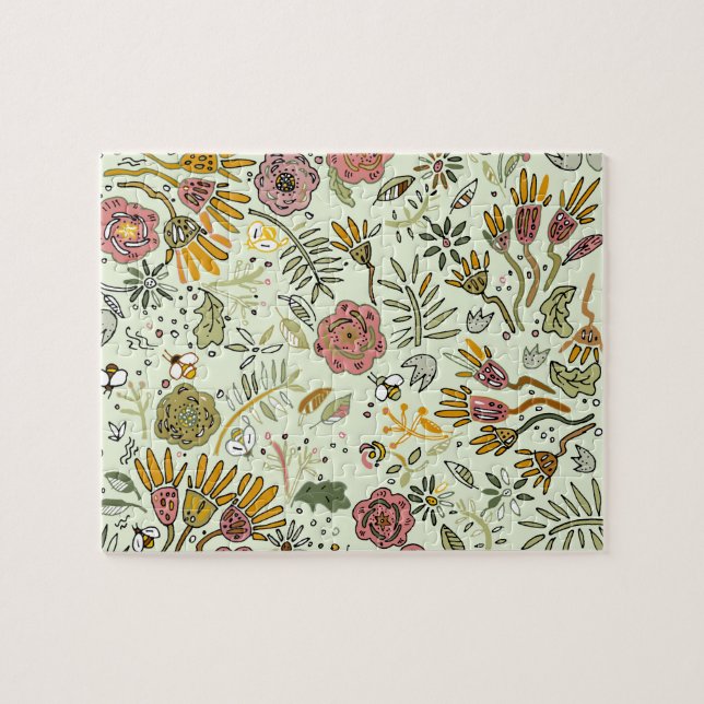 Whimsical Wildflower Garden & Bumblebee Pattern Jigsaw Puzzle (Horizontal)