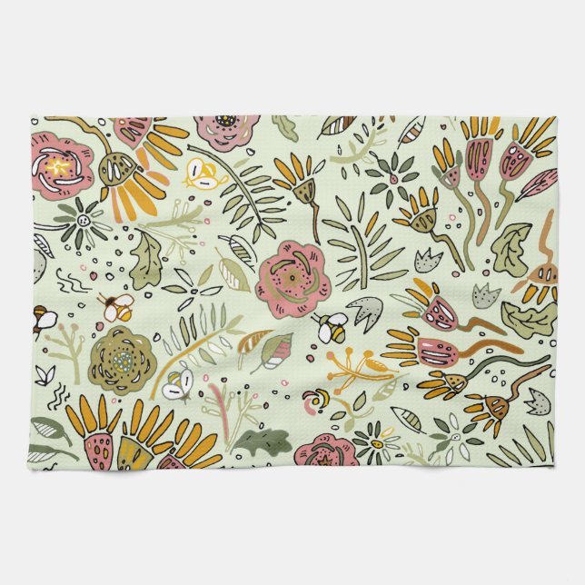 Whimsical Wildflower Garden & Bumblebee Pattern Kitchen Towel (Horizontal)