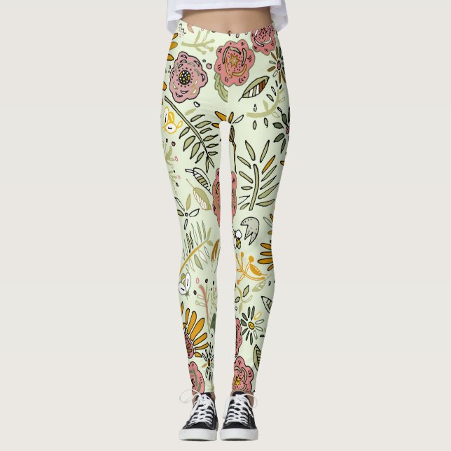 Whimsical Wildflower Garden & Bumblebee Pattern Leggings (Front)