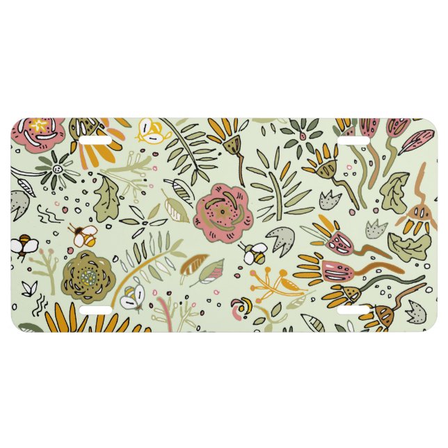 Whimsical Wildflower Garden & Bumblebee Pattern License Plate (Front)
