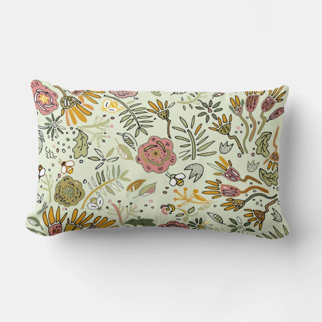 Whimsical Wildflower Garden & Bumblebee Pattern Lumbar Pillow (Front)