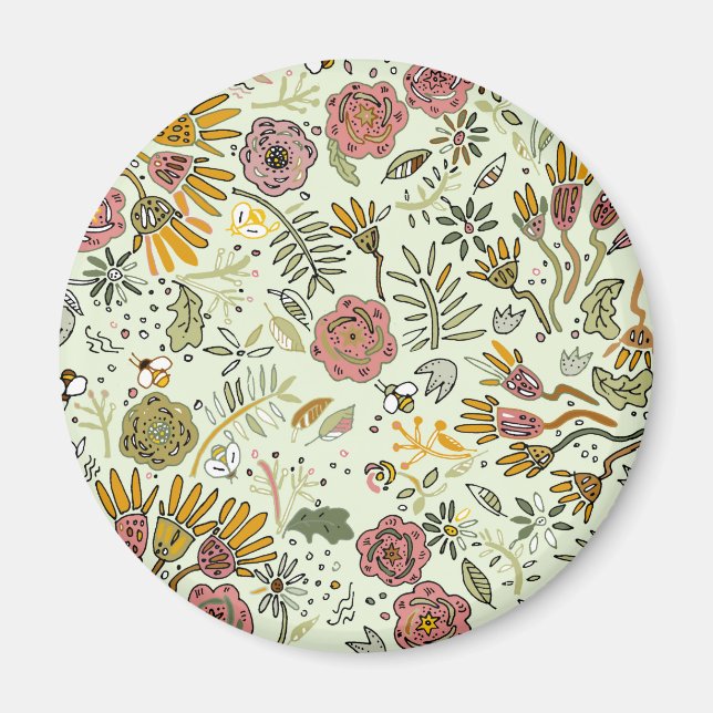 Whimsical Wildflower Garden & Bumblebee Pattern Magnet (Front)