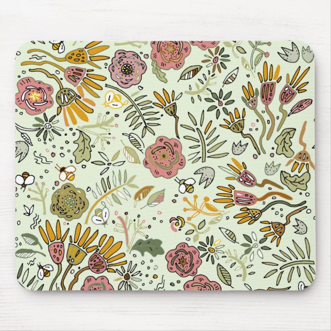 Whimsical Wildflower Garden & Bumblebee Pattern Mouse Pad (Front)