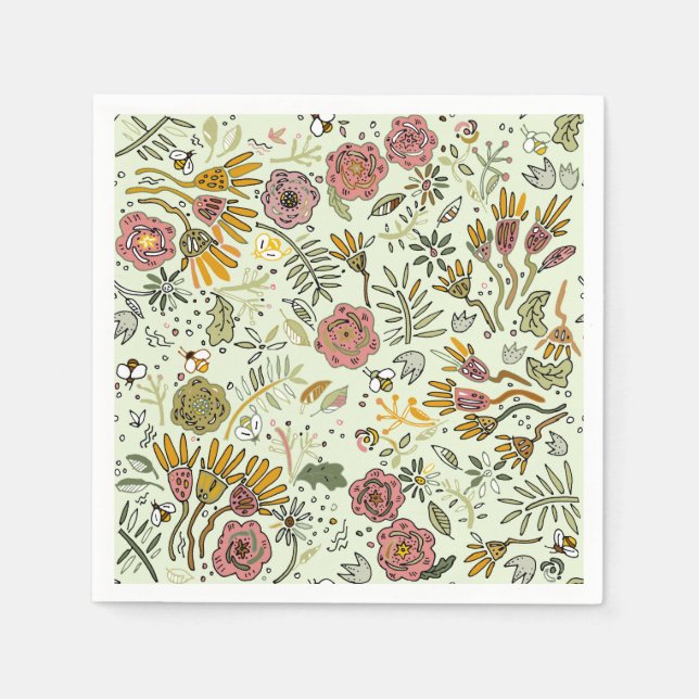 Whimsical Wildflower Garden & Bumblebee Pattern Napkins (Front)