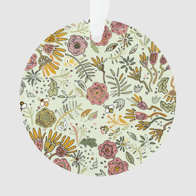 Whimsical Wildflower Garden & Bumblebee Pattern Ornament (Front)