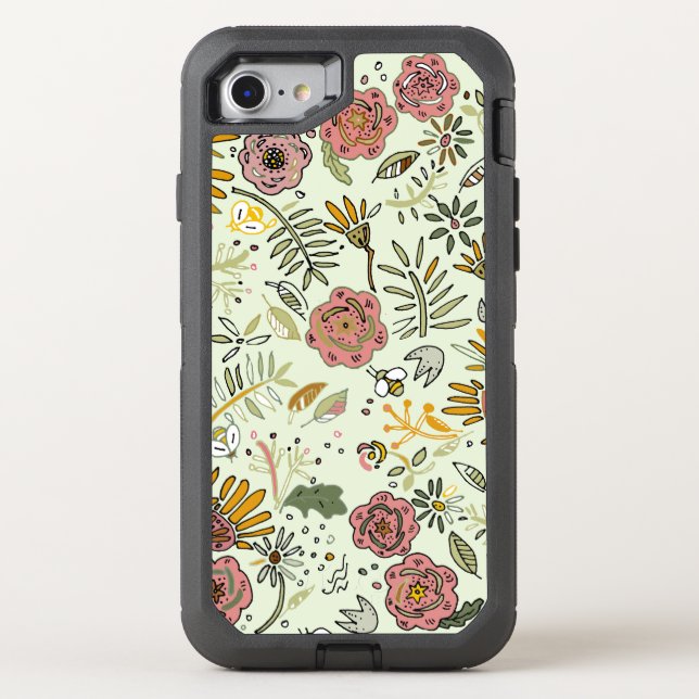 Whimsical Wildflower Garden & Bumblebee Pattern Otterbox iPhone Case (Back)