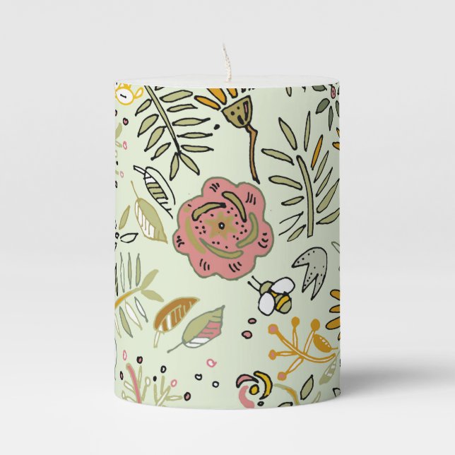 Whimsical Wildflower Garden & Bumblebee Pattern Pillar Candle (Front)