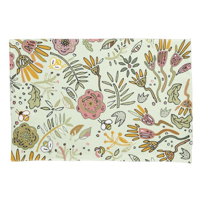 Whimsical Wildflower Garden & Bumblebee Pattern Pillow Case (Front)
