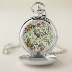 Whimsical Wildflower Garden & Bumblebee Pattern Pocket Watch