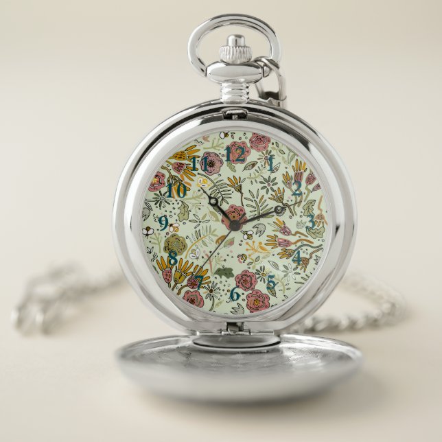 Whimsical Wildflower Garden & Bumblebee Pattern Pocket Watch (Inside)