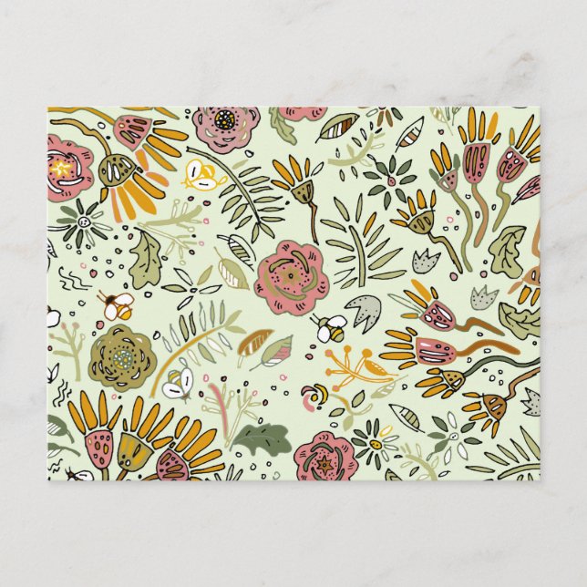 Whimsical Wildflower Garden & Bumblebee Pattern Postcard (Front)