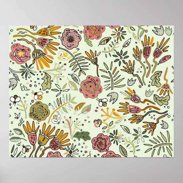 Whimsical Wildflower Garden & Bumblebee Pattern Poster (Front)