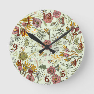 Whimsical Wildflower Garden & Bumblebee Pattern Round Clock
