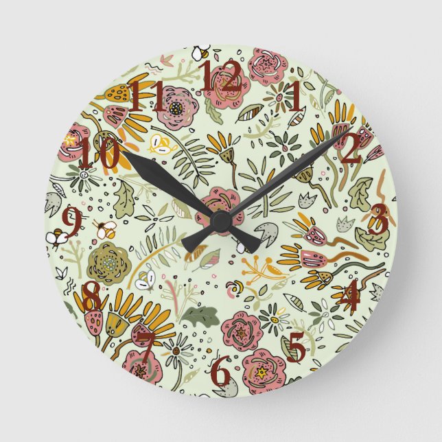 Whimsical Wildflower Garden & Bumblebee Pattern Round Clock (Front)