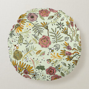 Whimsical Wildflower Garden & Bumblebee Pattern Round Pillow