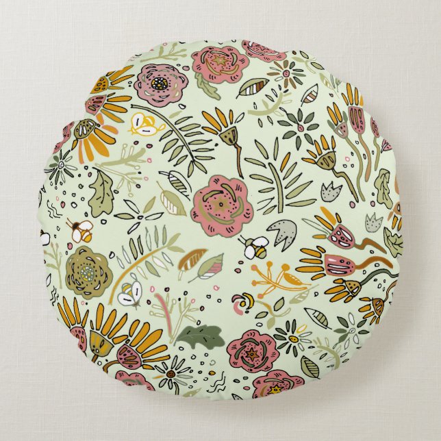 Whimsical Wildflower Garden & Bumblebee Pattern Round Pillow (Front)
