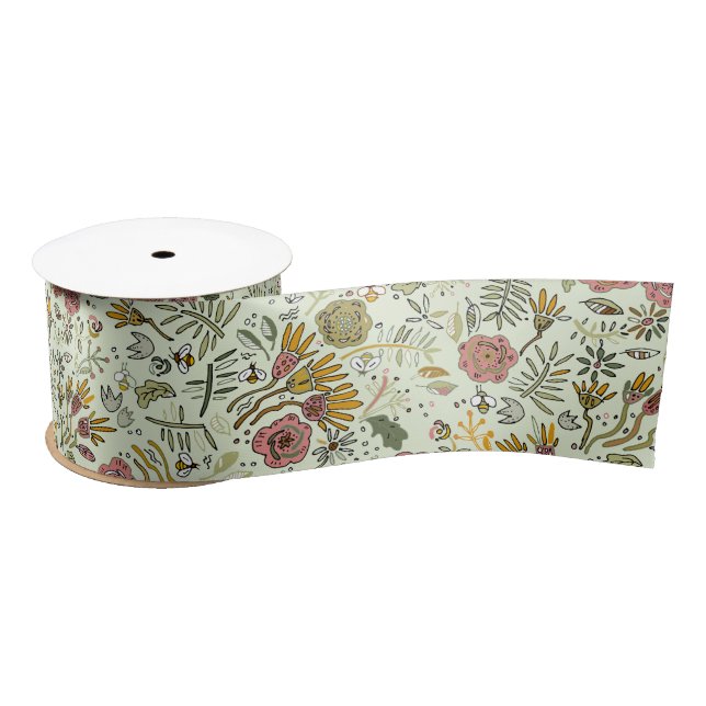 Whimsical Wildflower Garden & Bumblebee Pattern Satin Ribbon (Spool)