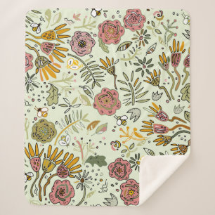 Whimsical Wildflower Garden & Bumblebee Pattern Sherpa Blanket