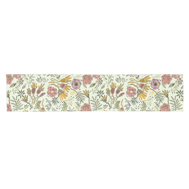 Whimsical Wildflower Garden & Bumblebee Pattern Short Table Runner (Horizontal)