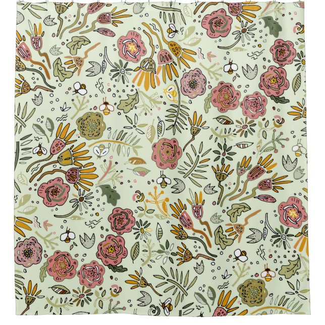 Whimsical Wildflower Garden & Bumblebee Pattern Shower Curtain (Front)
