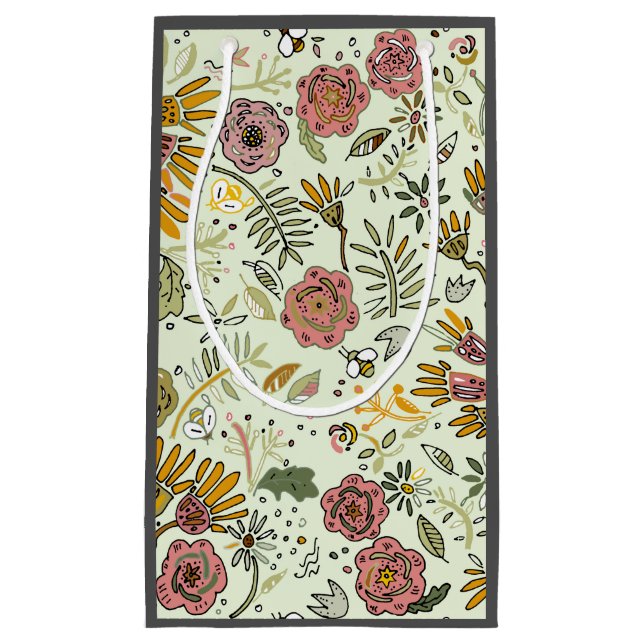 Whimsical Wildflower Garden & Bumblebee Pattern Small Gift Bag (Front)
