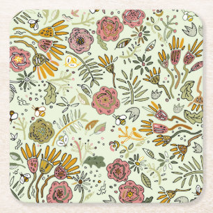 Whimsical Wildflower Garden & Bumblebee Pattern Square Paper Coaster
