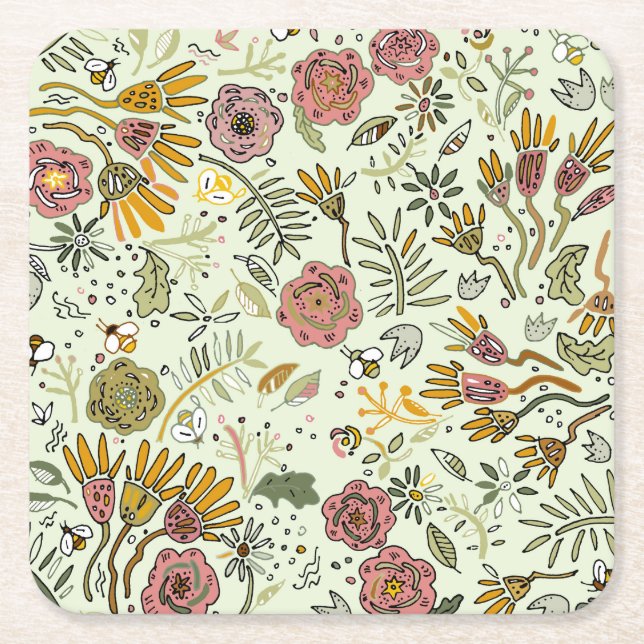 Whimsical Wildflower Garden & Bumblebee Pattern Square Paper Coaster (Front)