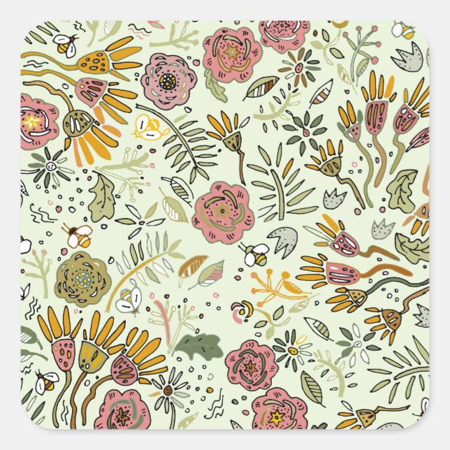 Whimsical Wildflower Garden & Bumblebee Pattern Square Sticker (Front)