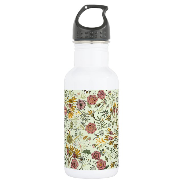Whimsical Wildflower Garden & Bumblebee Pattern Stainless Steel Water Bottle (Front)
