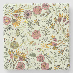Whimsical Wildflower Garden & Bumblebee Pattern Stone Coaster