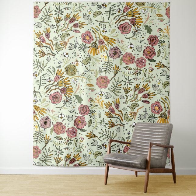 Whimsical Wildflower Garden & Bumblebee Pattern Tapestry (In Situ)