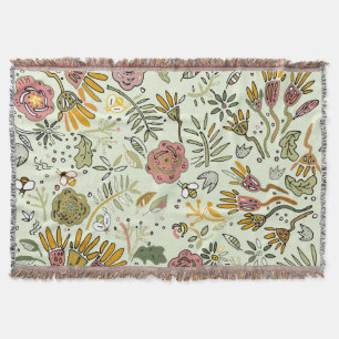 Whimsical Wildflower Garden & Bumblebee Pattern Throw Blanket