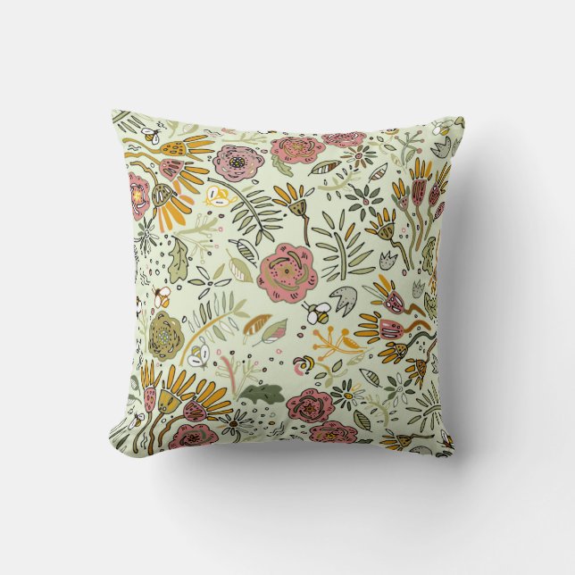 Whimsical Wildflower Garden & Bumblebee Pattern Throw Pillow (Front)
