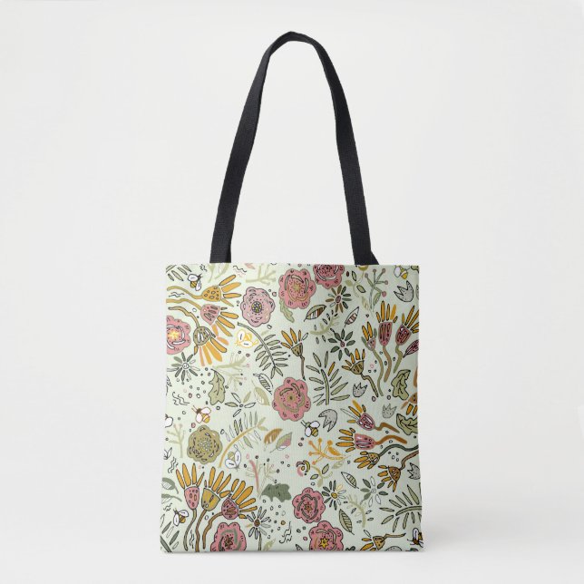 Whimsical Wildflower Garden & Bumblebee Pattern Tote Bag (Front)