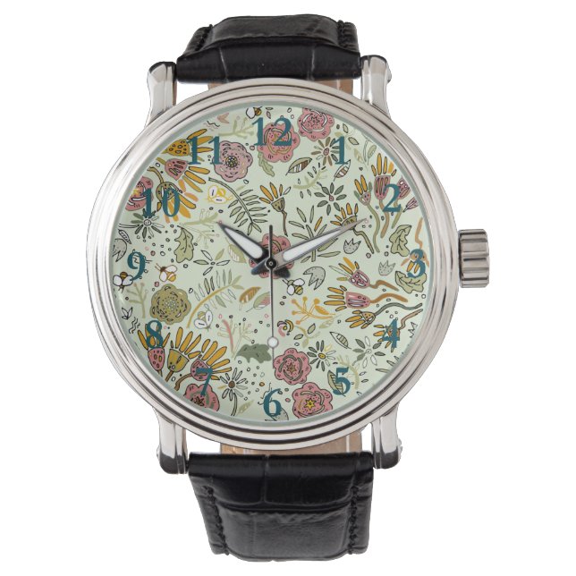 Whimsical Wildflower Garden & Bumblebee Pattern Watch (Front)