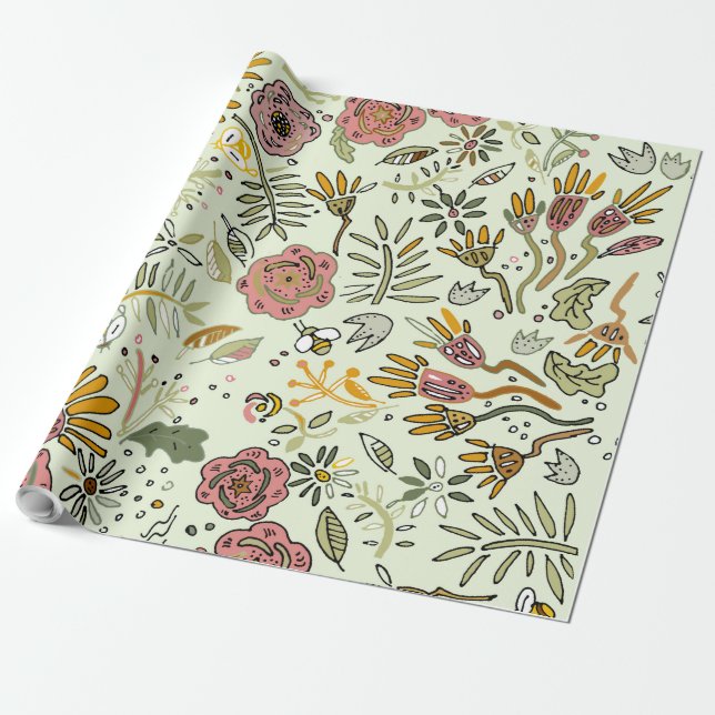 Whimsical Wildflower Garden & Bumblebee Pattern Wrapping Paper (Unrolled)