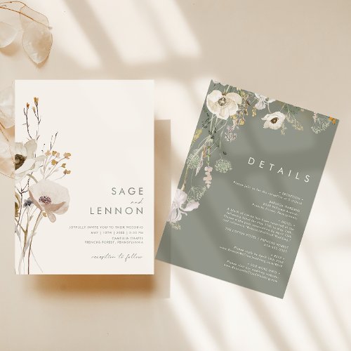 Whimsical Wildflower  Ivory All In One Wedding Invitation