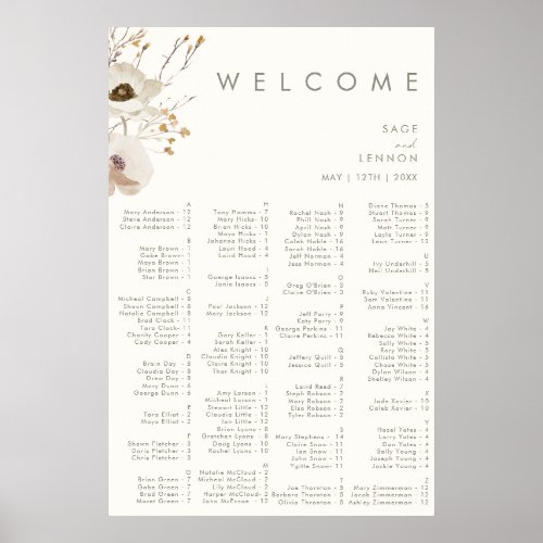 Whimsical Wildflower  Ivory Alphabetical Seating Poster
