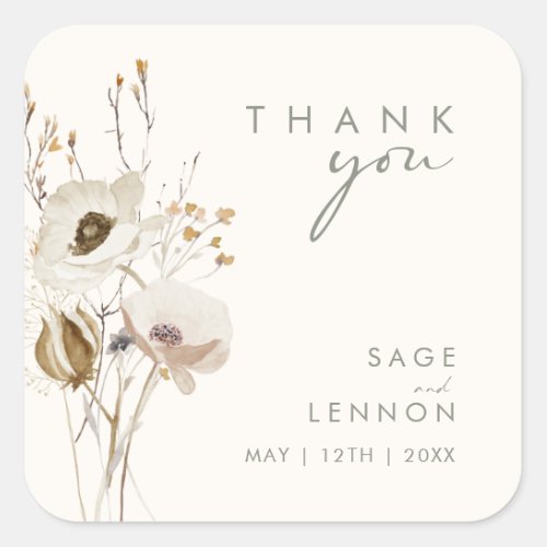 Whimsical Wildflower  Ivory Thank You Sticker