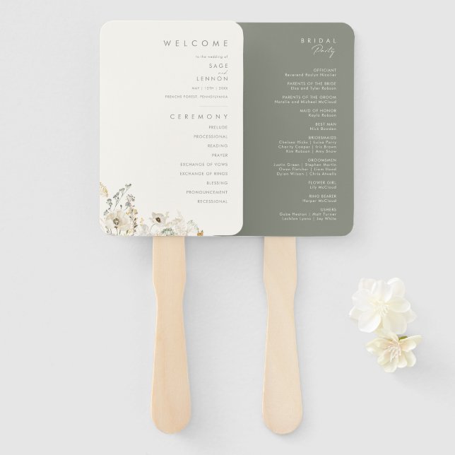 Whimsical Wildflower | Ivory Wedding Program Hand Fan (Front and Back)