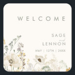 Whimsical Wildflower Ivory Wedding Welcome Sticker<br><div class="desc">This Whimsical Wildflower Ivory wedding welcome sticker is perfect for your simple, elegant boho wedding. The modern rustic greenery accompanied by the minimalist watercolor wildflowers will help bring your vision to life! This design of pretty gold flowers, touches of bohemian sage green and purple is sure to complete your minimal...</div>