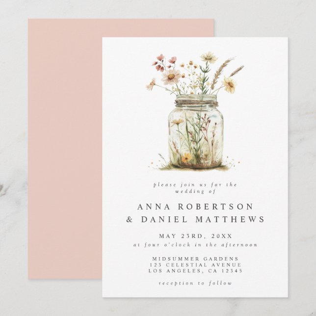 Whimsical Wildflower Mason Jar Wedding Invitation (Front/Back)