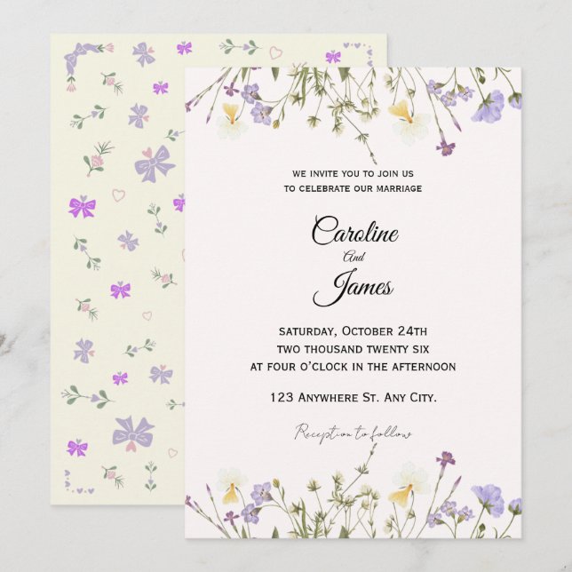 Whimsical Wildflower Meadow Border Wedding  Invitation (Front/Back)