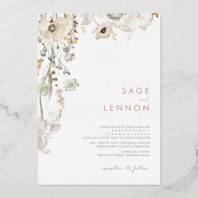 Whimsical Wildflower Meadow | Rose Gold Foil Foil Invitation (Front)