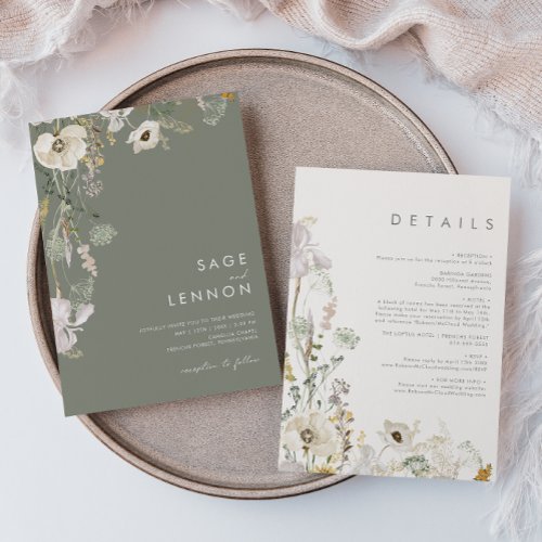 Whimsical Wildflower Meadow Sage Green All In One  Invitation