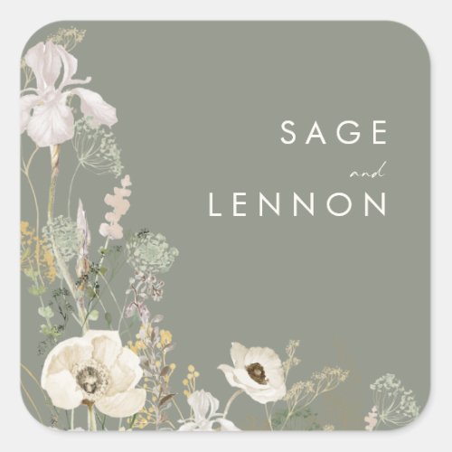 Whimsical Wildflower Meadow Sage Green Envelope Square Sticker
